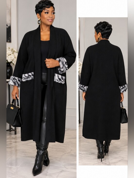 Maxsport Sweaters - Maxsport Black Open-Front Long Cardigan with Faux-Fur Zebra Trim Sz M (NWT)